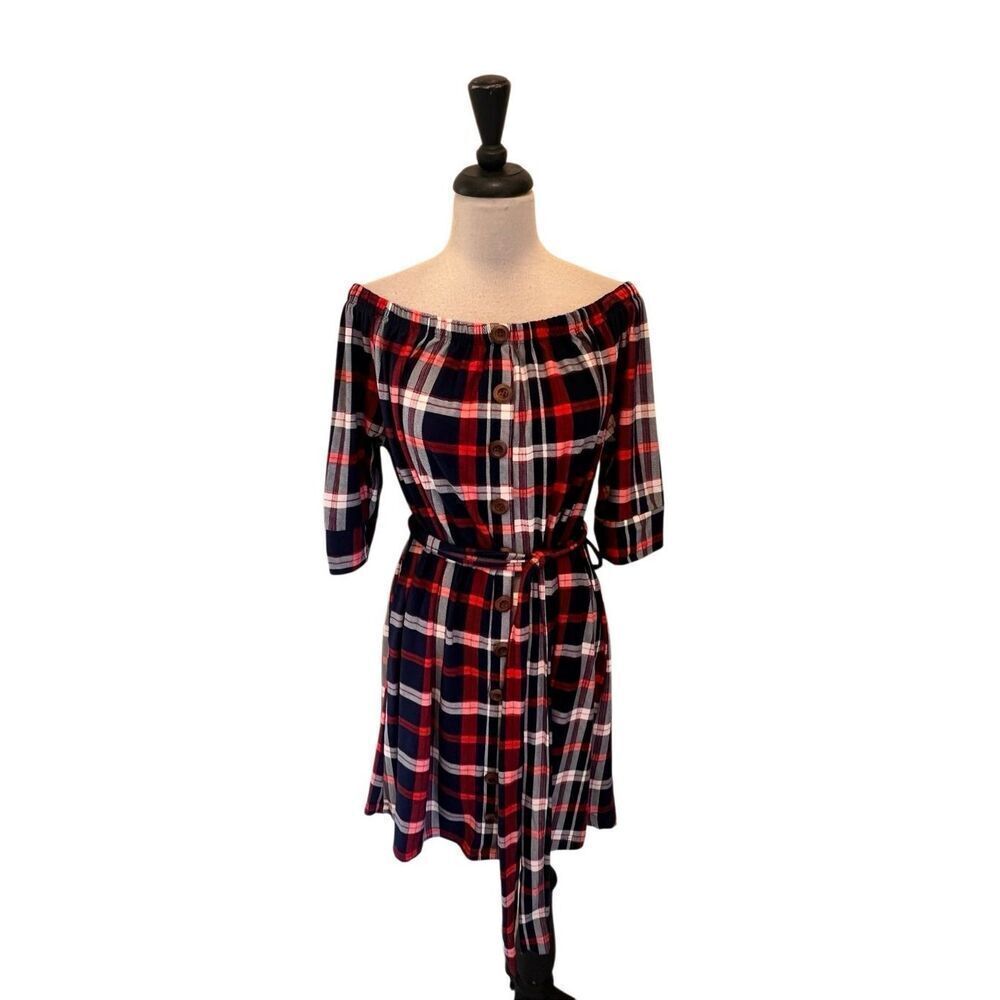 J for Justify Women's Plaid Off The Shoulder Belted Mini Dress Red Black Size 1X